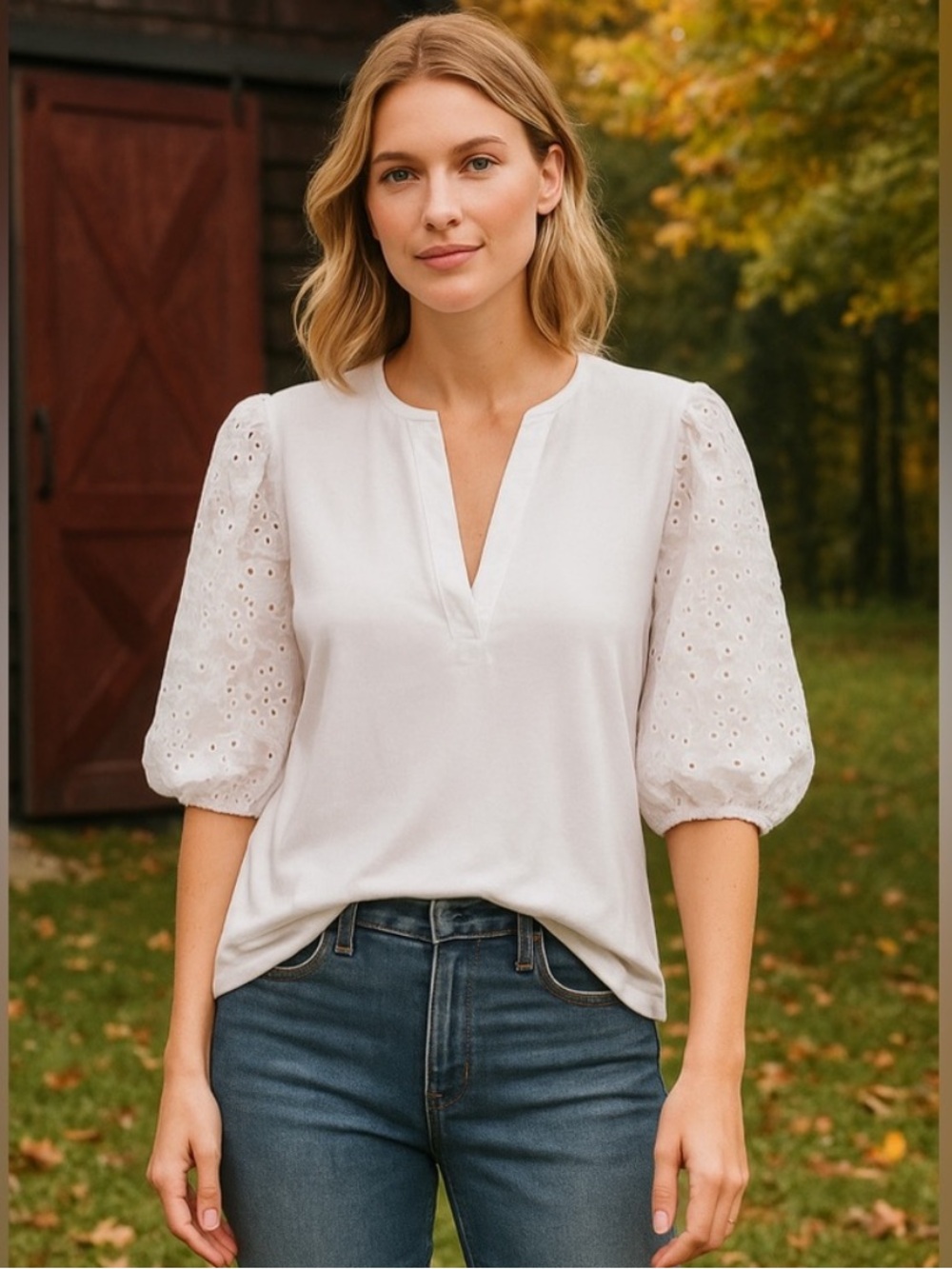 Dolan Anthropologie Ribbed Puff Sleeve Eyelet Tee Medium